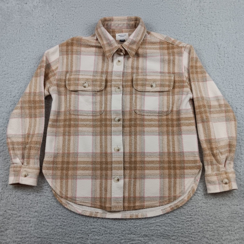 American Eagle Shacket Women XS Tan Cream Plaid Fleece Button Up Pocket